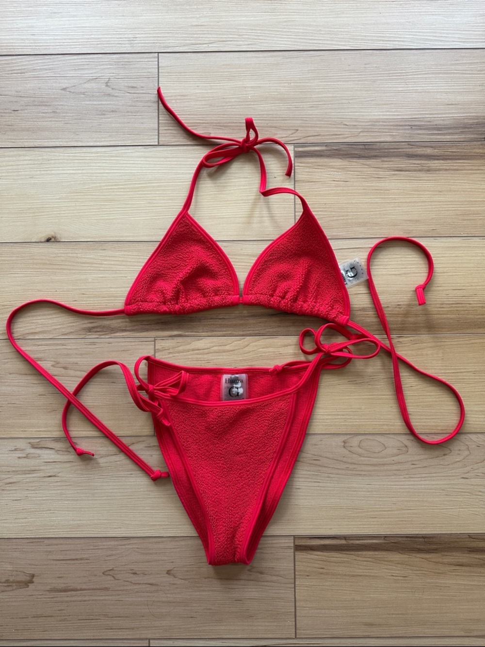 Hunza G Gina Red Textured Tie-Side Bikini Top + Bottom